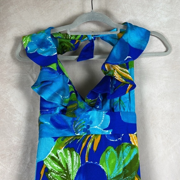 Pomare Vintage Hawaiian Maxi Dress Size 12 Tropical Aloha Floral 70s Ruffle Neck - Picture 2 of 12